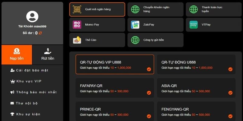 hướng dẫn nạp tiền u888